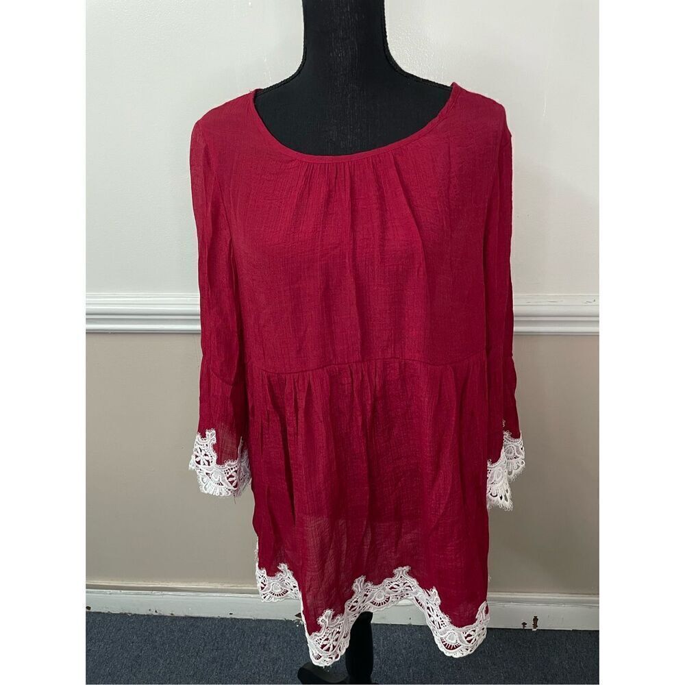 Cal Style Red Long Blouse with 3/4 Sleeve Size Large